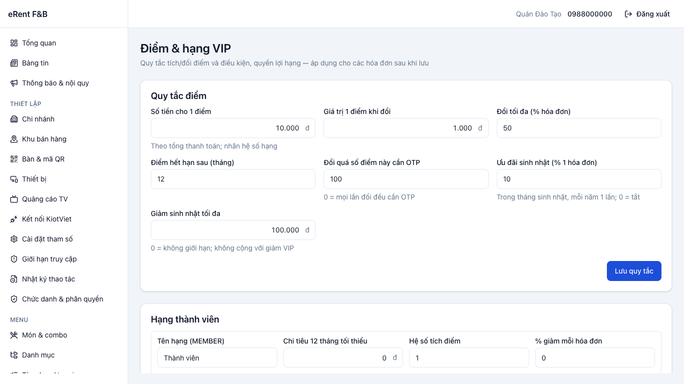 Điểm & hạng VIP, ưu đãi sinh nhật