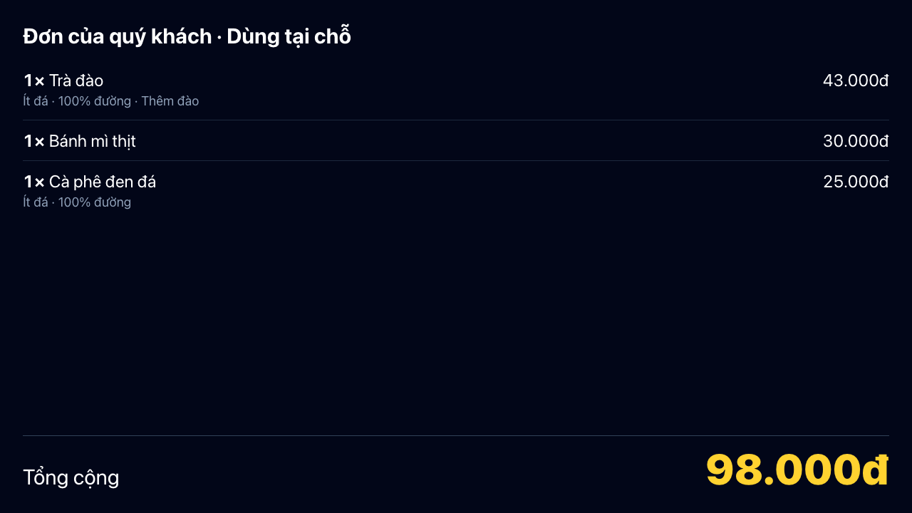 Giỏ hàng trên màn hình khách
