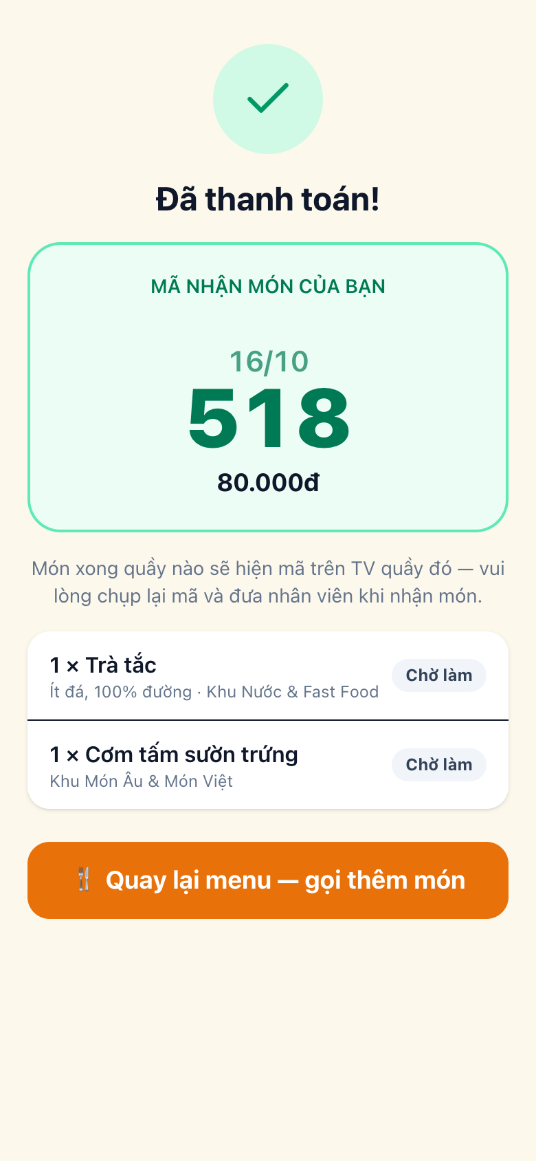 Số thứ tự + trạng thái món
