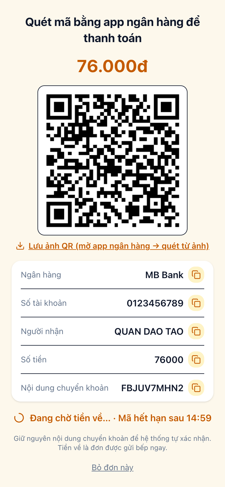 Quét mã chuyển khoản