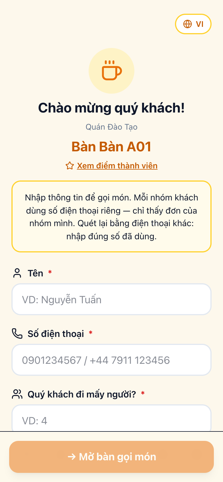 Màn chào khi quét QR